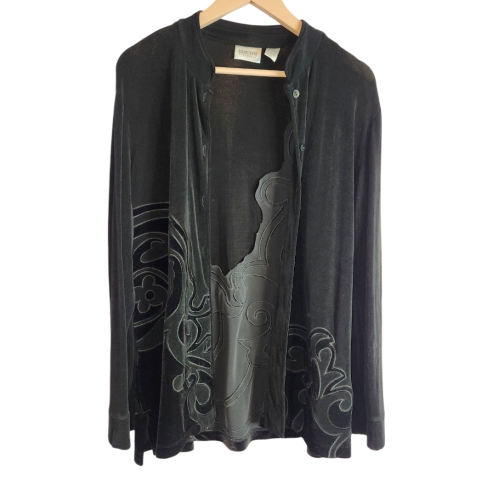 CHICOS Travelers Women’s Black Button Down Embroidered Jacket, Black, 2